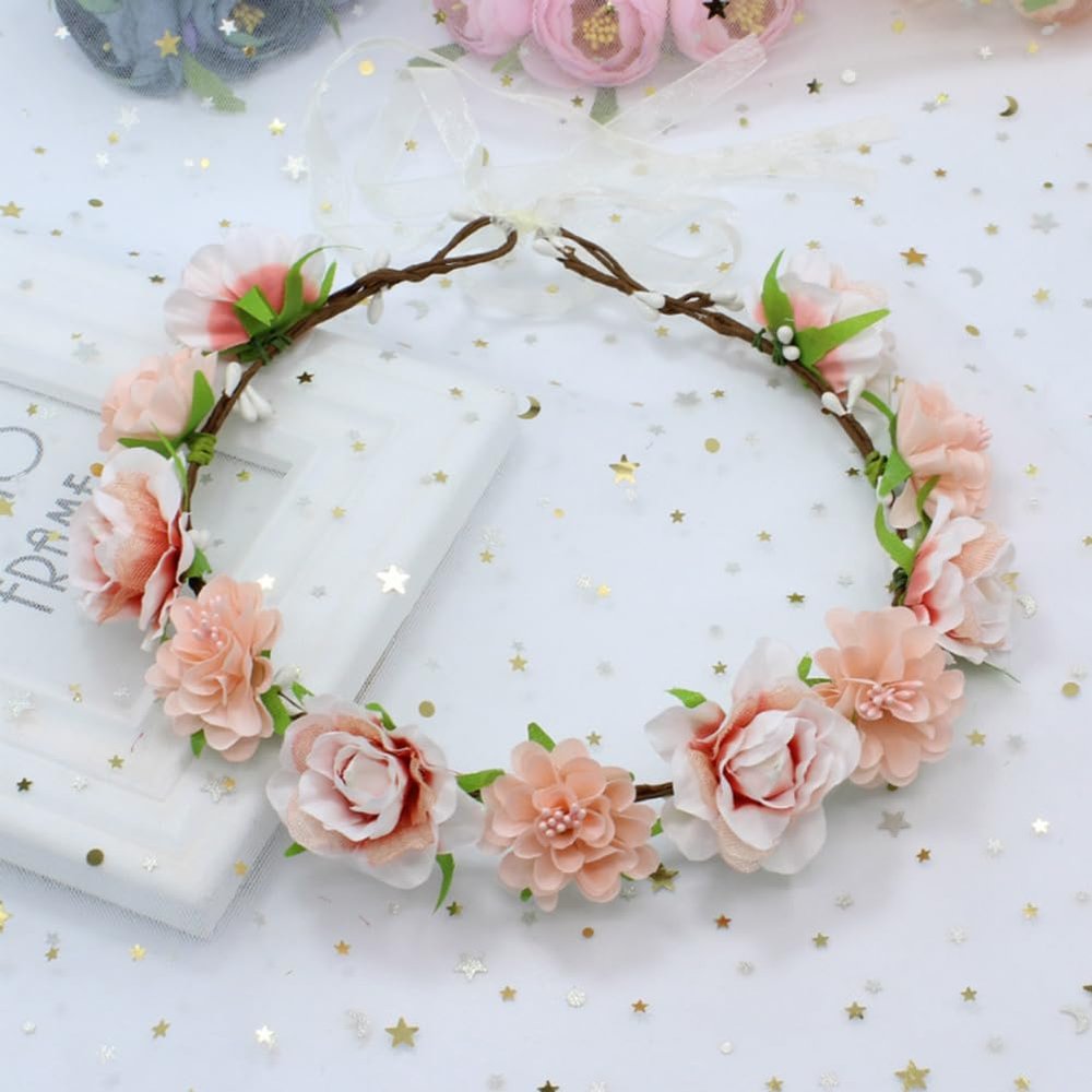 AKOAK 1 Pack Flower Crown, Bohemian Wreath for Girls Floral Tiara, Wedding Headband, Bride Bohemian Wreath/Baby Shower/Photo/Toddler (Flesh Pink)