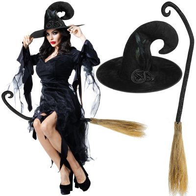 Hercicy 2 Pack Halloween Witch Broom Hat Set Witch Costume Accessories Hat with Flower Feather and Broom Props for Halloween Costume Party Supplies