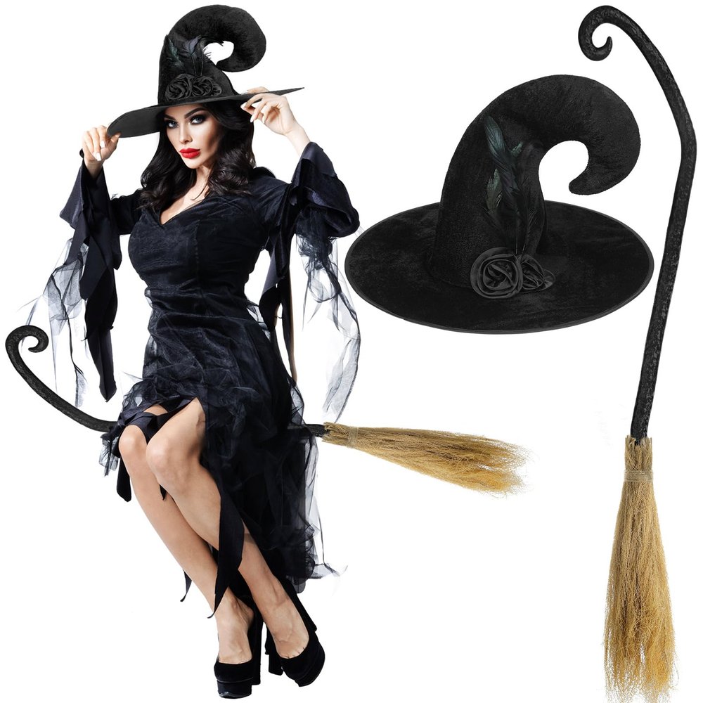 Hercicy 2 Pack Halloween Witch Broom Hat Set Witch Costume Accessories Hat with Flower Feather and Broom Props for Halloween Costume Party Supplies