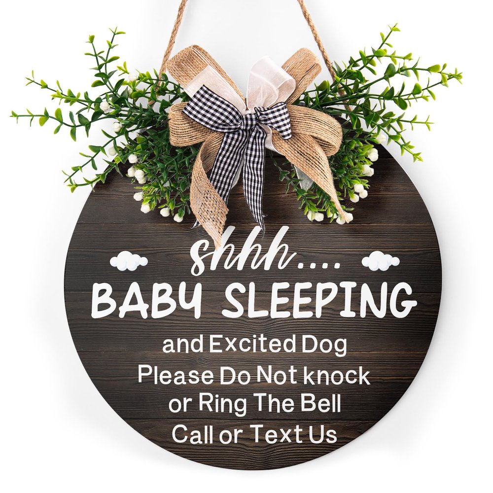 Baby Sleeping Sign for Front Door 12"x12" Please Do Not Knock Or Ring The Bell Round Wooden Hanging Plaque Sign Baby Room Decor for House Porch Yard Garden