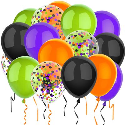 PheiLa 50 Pcs 12 Inch Halloween Balloons Orange Black Purple Green Confetti Balloons for Halloween Trick or Treat Party Spooky Ghost Party Bar Birthday Graduation Decoration