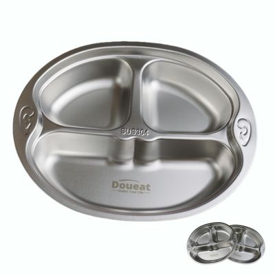 Doueat CPC Certified Stainless Steel Kids Plates, Easy to Clean, Preventing Surface Scratches. Toddler Food Tray with Cartoon Shapes and Divided Sections, Pack of 3 - Monkey