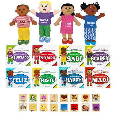 Excellerations English & Spanish Emotions Books + Dolls and Blocks Kit 1-8 Books 4 Dolls 16 Blocks