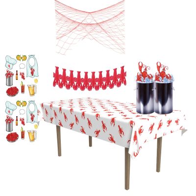 Beistle Crawfish Themed Party Decoration Kit - Red & White Table Cover, 2 3-D Centerpieces, 22 Photo Fun Signs, Decorative Fish Netting, 2 Crawfish Garland - Mardi Gras Crustacean Decor