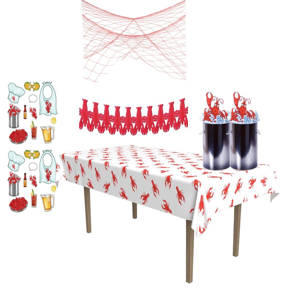 Beistle Crawfish Themed Party Decoration Kit - Red & White Table Cover, 2 3-D Centerpieces, 22 Photo Fun Signs, Decorative Fish Netting, 2 Crawfish Garland - Mardi Gras Crustacean Decor