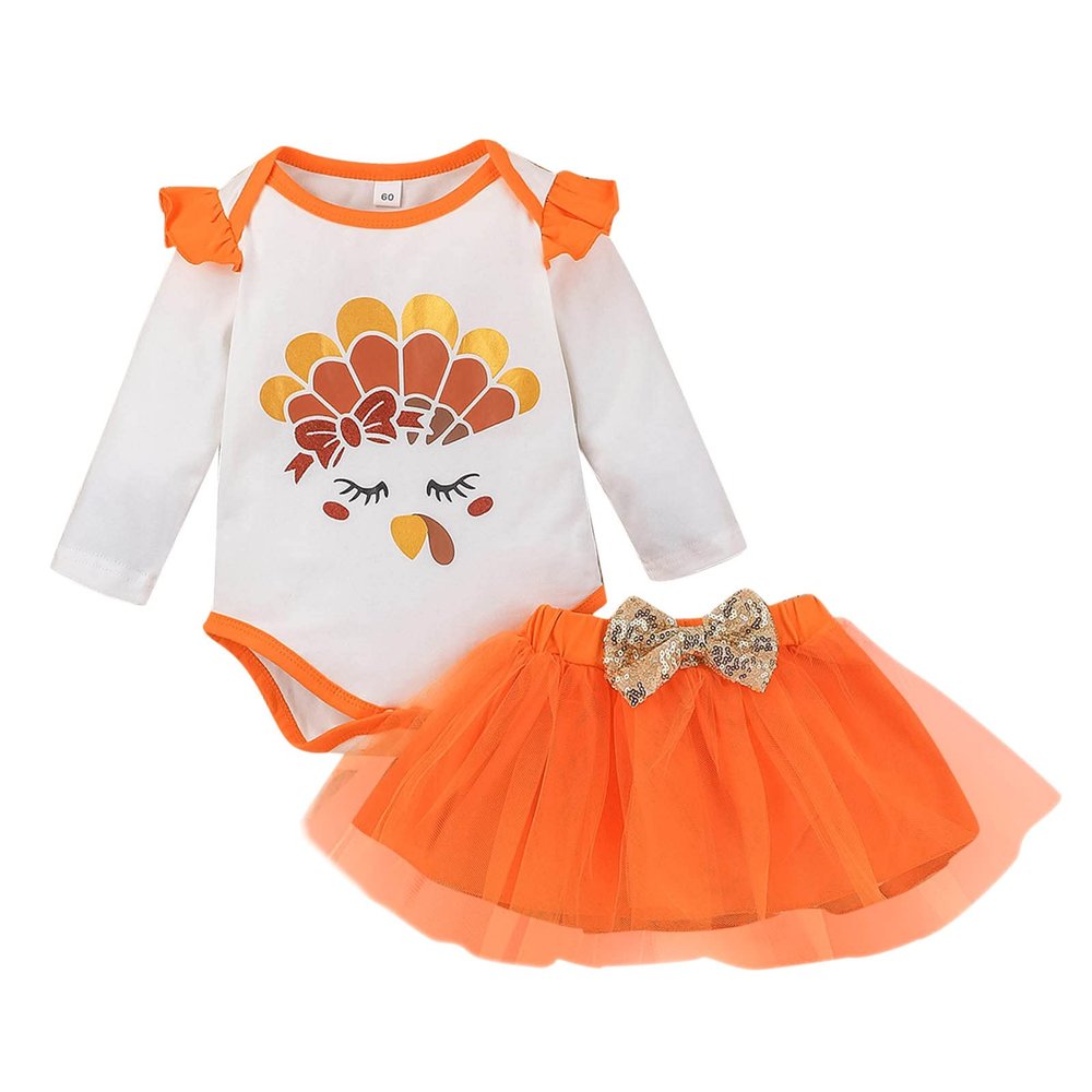 Baby Girl Fall Winter Clothes Set Infant Girls Thanksgiving Day Long Sleeve Cartoon Prints Romper (Orange, 6-9 Months)