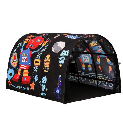 CRAWLBO Kids Bed Tent Twin Beds -Cartoons Wonder Play Tents Boys Girls Ventilated Indoor Play Tent Children Promotes Independent Play, Stimulates Imagination Set-Up Playhouse (Robots)