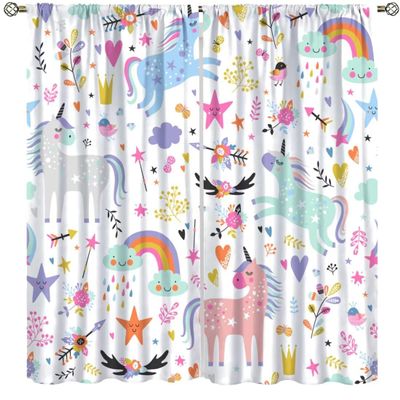 Kids Cartoon Unicorn Curtains,Cute Rainbow Colorful Starts Polyester Fabric Curtains for Babys Bedroom Nursery Playroom Living Room Child Rod Pocket Window Drapes 2 Panel Set,Total Size 52" x 84"
