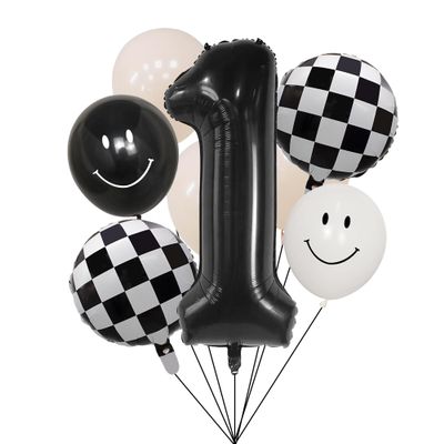 100% liked-One Happy Dude 1st Birthday Balloon Set  40" Black & White Smiley Face Foil + Latex Balloons, Checkered Baby Shower Decorations, Kids Party Supplies for Boys and Girls