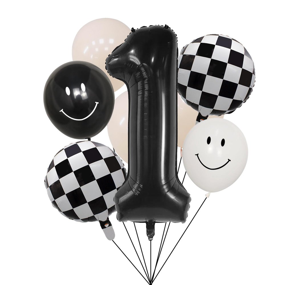 100% liked-One Happy Dude 1st Birthday Balloon Set  40" Black & White Smiley Face Foil + Latex Balloons, Checkered Baby Shower Decorations, Kids Party Supplies for Boys and Girls