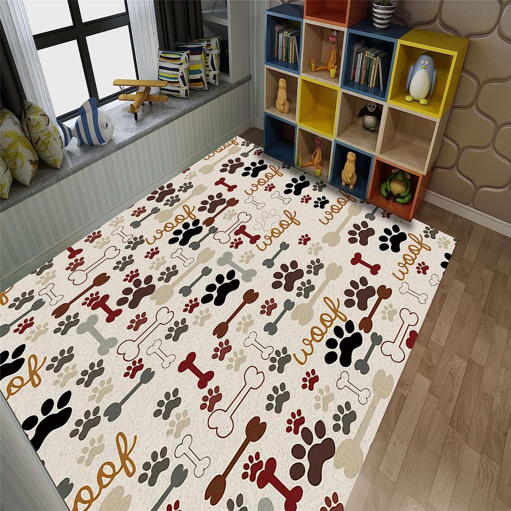 Dog Paws Prints Area Rugs,3x5ft, Cartoon Cute Animal Graffiti Art Print Kids Rug, Children Teen Room Decorative Rug, Large Area Soft Non-Slip Carpets for Class Study Room Nursery
