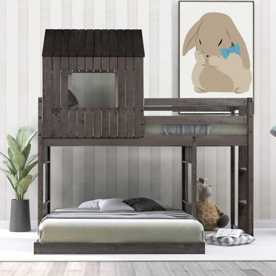 RUNNA Playhouse-Inspired Style Wooden Twin Over Full Bunk Bed, Loft Bed with Playhouse, Farmhouse, Ladder and Guardrails, for Girls Boys Teens (Antique Gray-Play-TOF)