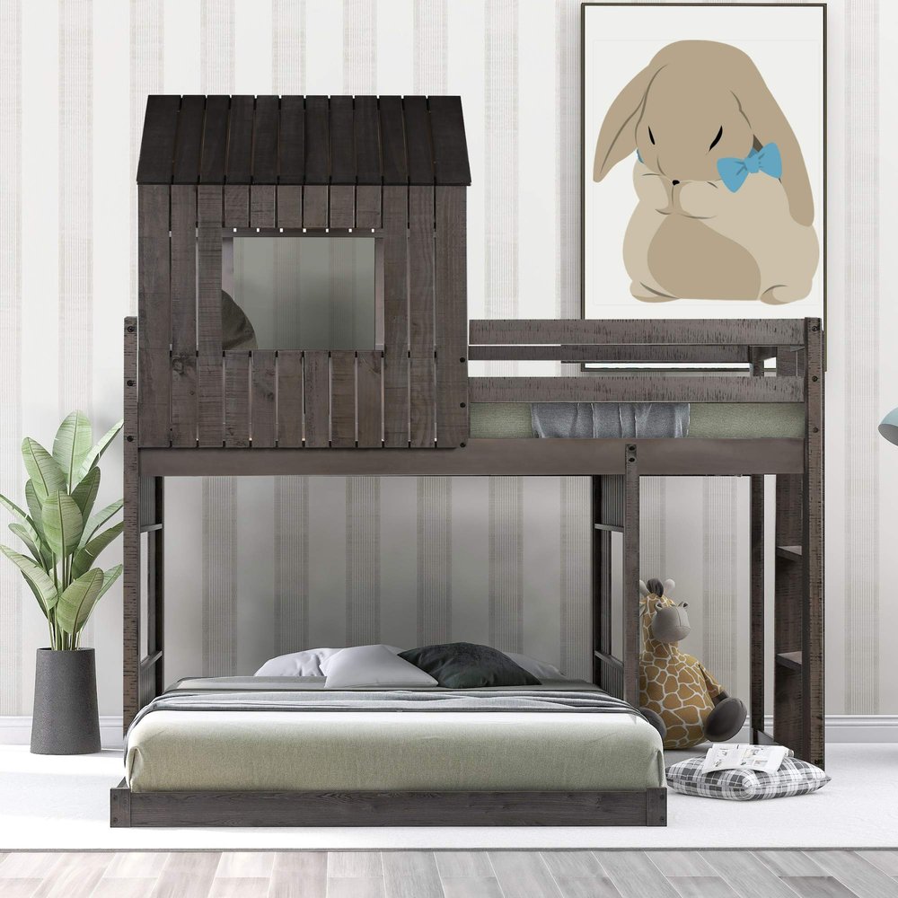 RUNNA Playhouse-Inspired Style Wooden Twin Over Full Bunk Bed, Loft Bed with Playhouse, Farmhouse, Ladder and Guardrails, for Girls Boys Teens (Antique Gray-Play-TOF)