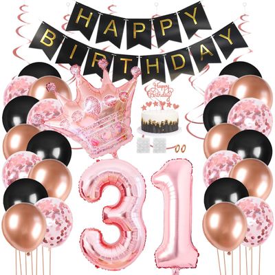 Juland 31st Birthday Party Decorations - Black & Gold Rose Happy Birthday Banner, Latex Balloons, Confetti, Pink Crown, 31 Number Foil Balloon, Hanging Swirl with Cake Topper for Boy, Girl, Men, Women