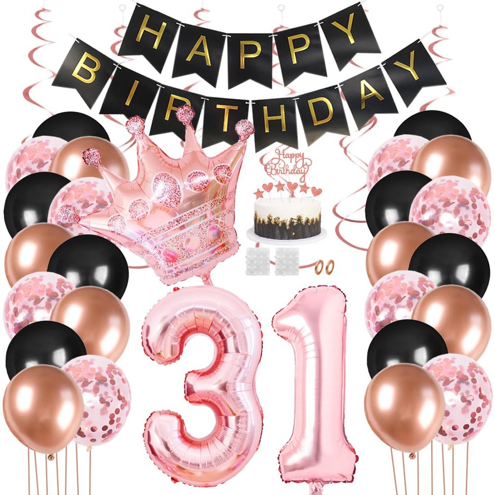 Juland 31st Birthday Party Decorations - Black & Gold Rose Happy Birthday Banner, Latex Balloons, Confetti, Pink Crown, 31 Number Foil Balloon, Hanging Swirl with Cake Topper for Boy, Girl, Men, Women