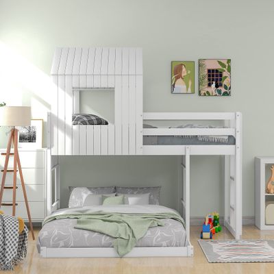 RUNNA Playhouse-Inspired Style Wooden Twin Over Full Bunk Bed, Loft Bed with Playhouse, Farmhouse, Ladder and Guardrails, for Girls Boys Teens (White-Play-TOF)