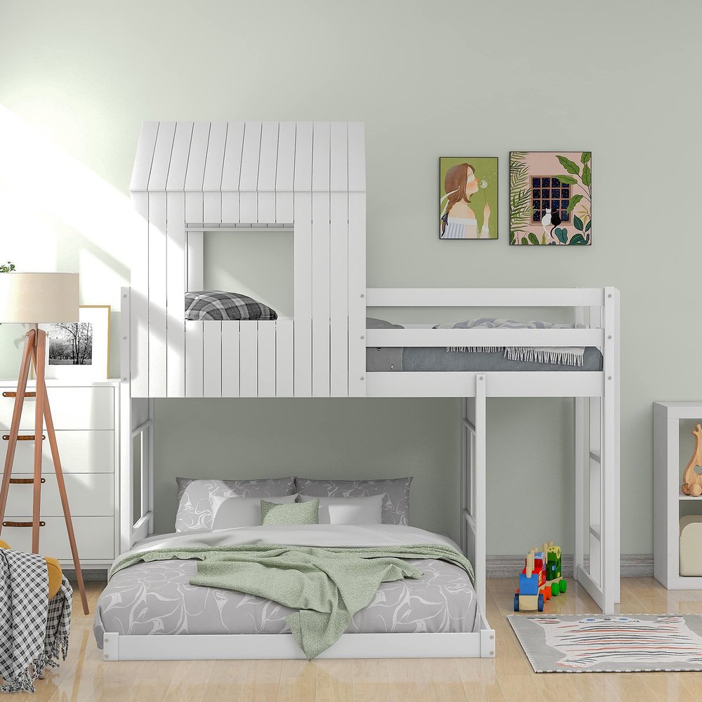 RUNNA Playhouse-Inspired Style Wooden Twin Over Full Bunk Bed, Loft Bed with Playhouse, Farmhouse, Ladder and Guardrails, for Girls Boys Teens (White-Play-TOF)