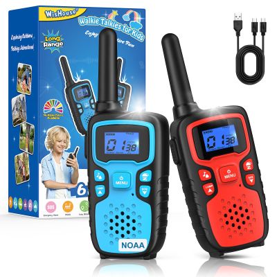 Wishouse Walkie Talkies for Kids Rechargeable Long Range,Xmas Birthday Gift for 4 5 6 7 8 9 Year Old Boys Girls,Hiking Gear Camping Games Cool Toys with NOAA,SOS Siren,Lamp,Lanyards,Easy to Use,2 Pack