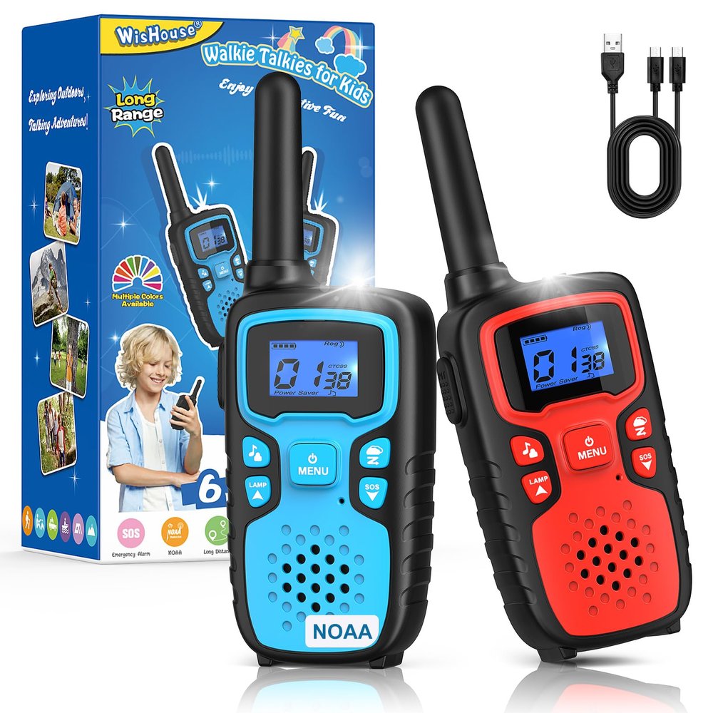 Wishouse Walkie Talkies for Kids Rechargeable Long Range,Xmas Birthday Gift for 4 5 6 7 8 9 Year Old Boys Girls,Hiking Gear Camping Games Cool Toys with NOAA,SOS Siren,Lamp,Lanyards,Easy to Use,2 Pack