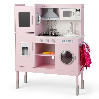 Costzon Kids Kitchen Playset, Wooden Toddler Montessori Toy Set w/Sound & Light, Adjustable Height, Range Hood, Stove, Microwave, Ice Maker, Phone, 16 PCS Accessories, Play Kitchen for Kids Ages 3+