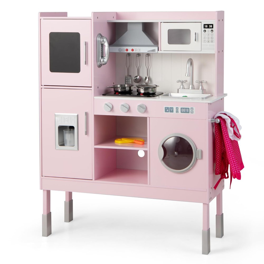 Costzon Kids Kitchen Playset, Wooden Toddler Montessori Toy Set w/Sound & Light, Adjustable Height, Range Hood, Stove, Microwave, Ice Maker, Phone, 16 PCS Accessories, Play Kitchen for Kids Ages 3+