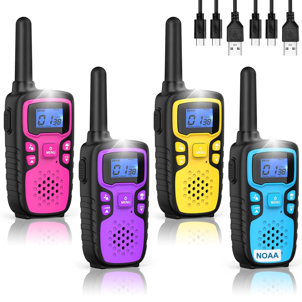 Wishouse Walkie Talkies for Kids Rechargeable Long Range,Xmas Birthday Gift for 5 6 7 8 9 10 11 12 Year Old Boys Girls,Hiking Gear Camping Games with NOAA,SOS Siren,Lamp,Lanyards,Easy to Use,4 Pack