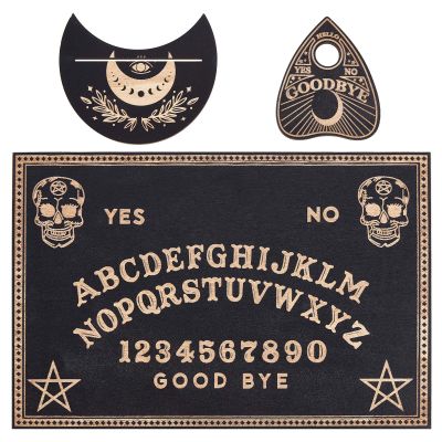 CREATCABIN 3Pcs Wooden Spirit Board Kit Skull Tarot Card Holder Stands with Planchette Black Altar Tarot Card Display Stand Rack Rectangle Talking Board for Divination Tools Board Supplies
