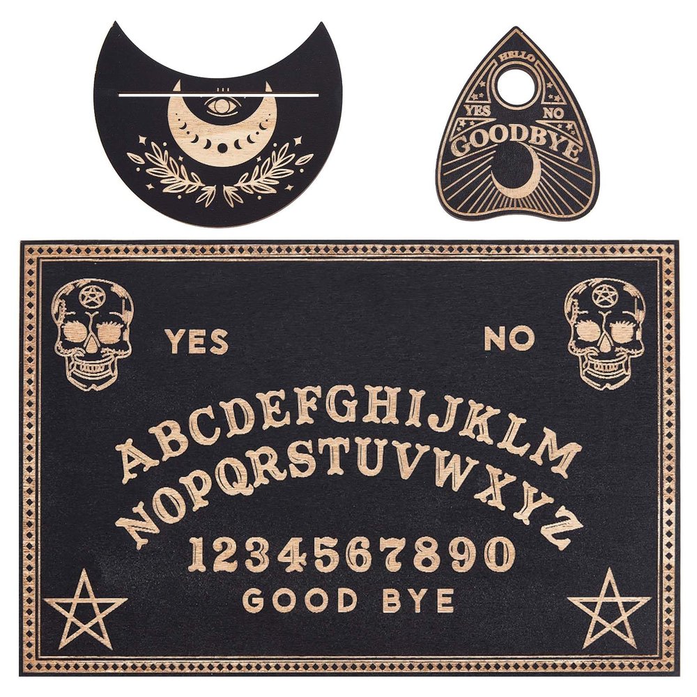 CREATCABIN 3Pcs Wooden Spirit Board Kit Skull Tarot Card Holder Stands with Planchette Black Altar Tarot Card Display Stand Rack Rectangle Talking Board for Divination Tools Board Supplies