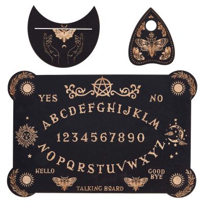 CREATCABIN 3Pcs Wooden Spirit Board Kit Tarot Card Stand Holder Moth Divination Board Set with Planchette Black Altar Card Display Stand Rectangle Talking Board for Witch Board Divination Tools