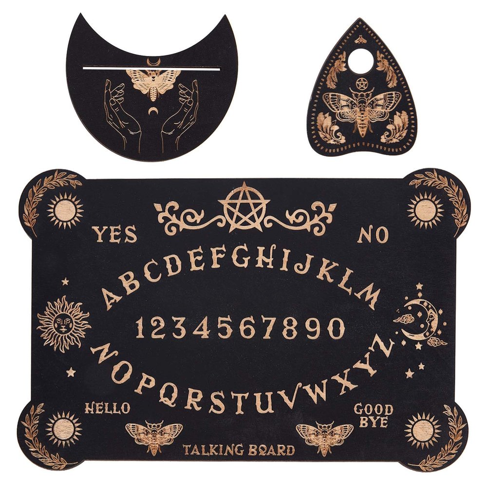 CREATCABIN 3Pcs Wooden Spirit Board Kit Tarot Card Stand Holder Moth Divination Board Set with Planchette Black Altar Card Display Stand Rectangle Talking Board for Witch Board Divination Tools