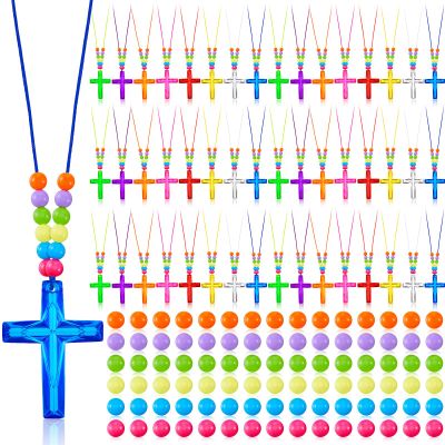624 Pcs Crystal Cross Necklace Plastic DIY Easter Christian Religious Party Favors for Kids Include 48 Pcs Crystal Cross Necklace with 576 Colorful Bead for Christian Easter Bible Prize Favor