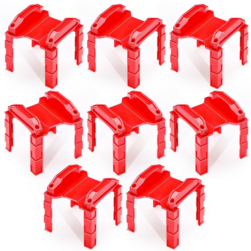 Hiboom 8 Pcs Wooden Train Track Riser Red Plastic Train Bridge Plastic Train Track Accessories Multi Level Support Risers Stackable Track Riser Support Risers