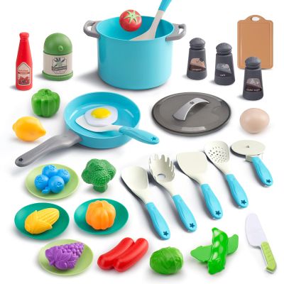 35Pcs Kids Kitchen Toy Accessories, Toddler Pretend Cooking Playset with Play Pots, Pans, Utensils, Cookware, Play Food Set, Toy Vegetables, Learning Gift for Girls & Boys (Turquoise)