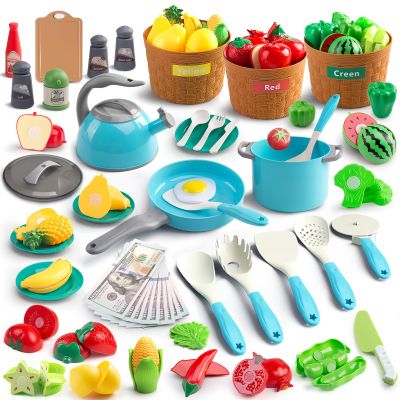 90Pcs Kitchen Playset Accessories, Pretend Cooking with Pots, Pans, Cookware, Food, Fruit, Veges, Color Sorting Baskets, Prop Money, Learning Gift for Girls Boys Toddlers (Turquoise)