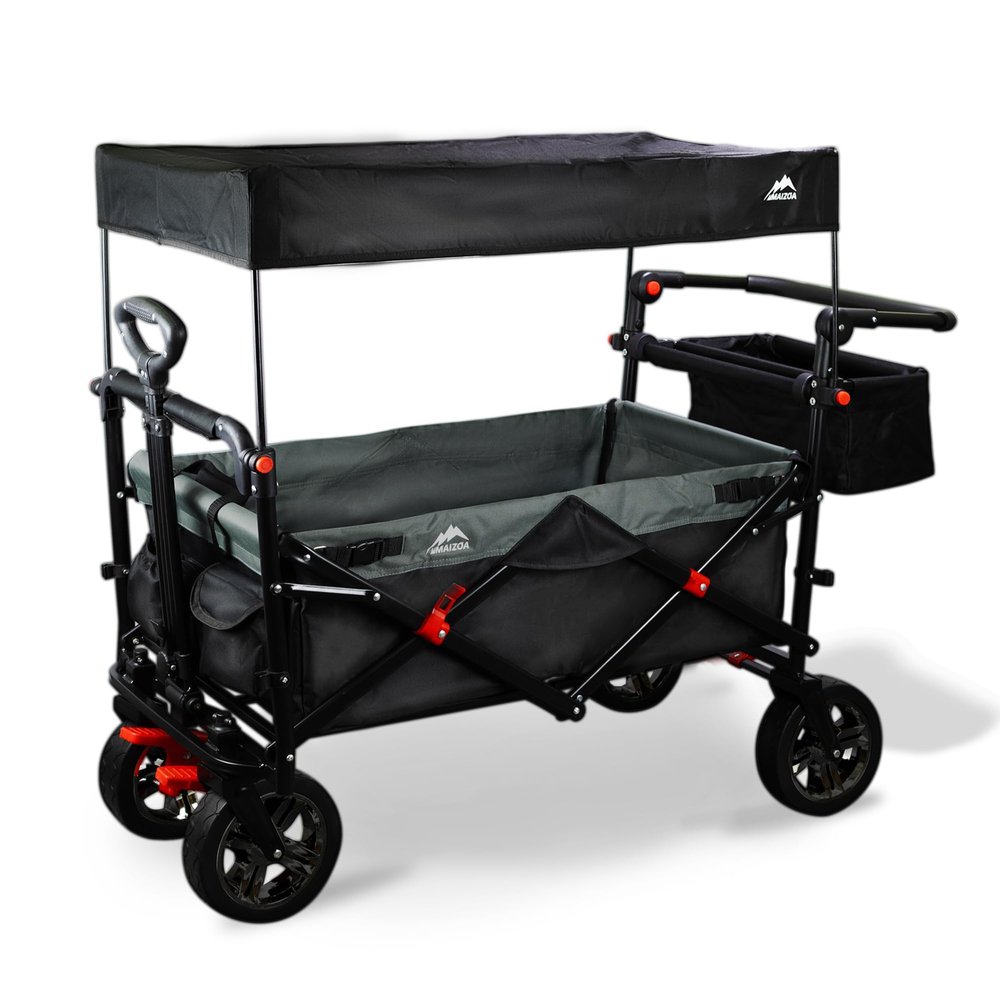 Foldable Wagons with Removable Canopy, Seat Belts, Reversible Handlebar, Removable Canopy, 220lbs Weight Capacity, Folding Wagon for Ages 1+ Years Suitable for Family Travel, Cargo,Gift