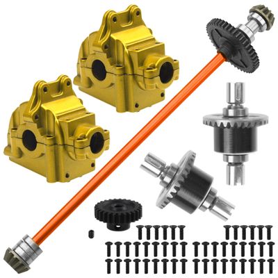 ShareGoo Metal Gearbox Housing Differential Cover & Differential Gear Set & Central Drive Shaft Compatible with WLtoys 144010 144001 144002 1/14 RC Car Upgrade Part (Gold)