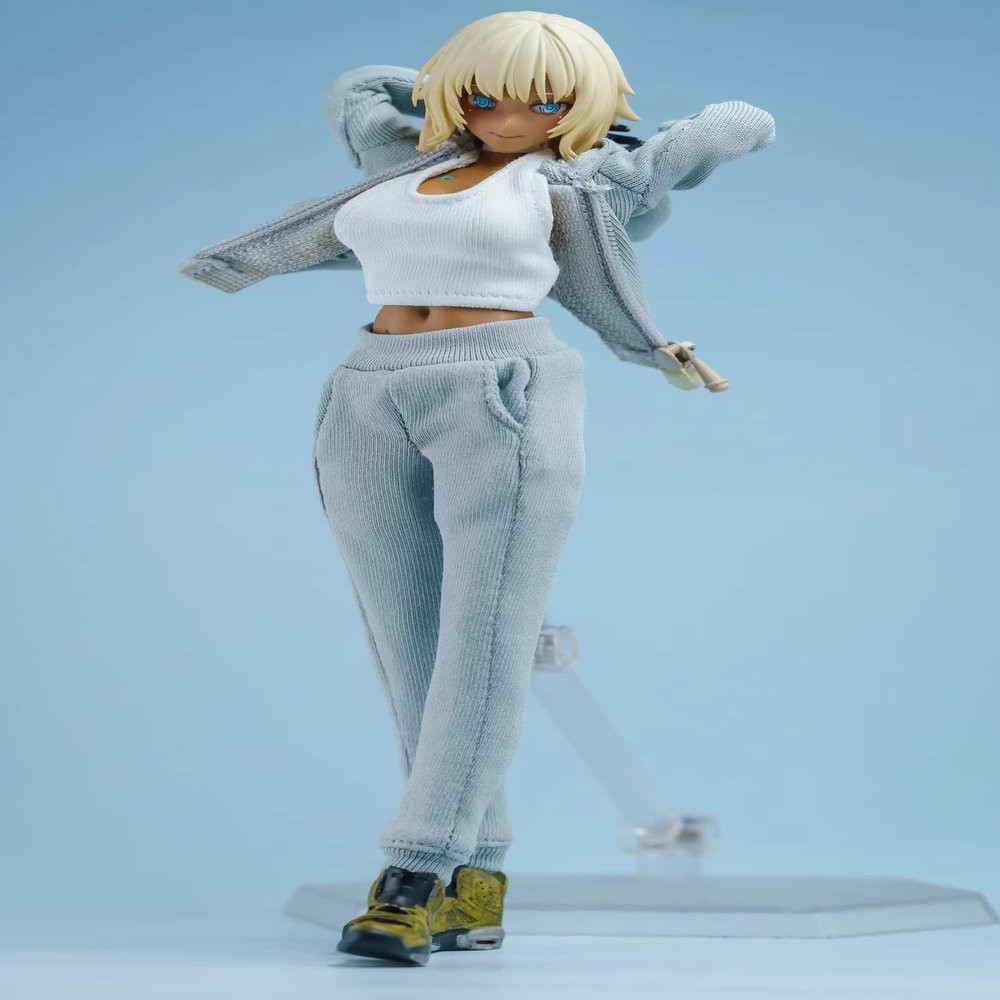 1/12 Scale Female Clothes,Female Tight Vest Pants Hoodies Clothes Sports Tank Tops Sweater Trousers Costume Outfit Clothing for 6inch Action Figure Body (Gray Hoodies+White Vest+Gray Pants)