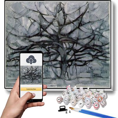 DIY Oil Painting Kit,The Gray Tree Painting by Piet Mondrian Paint by Numbers Kit for Kids and Adults