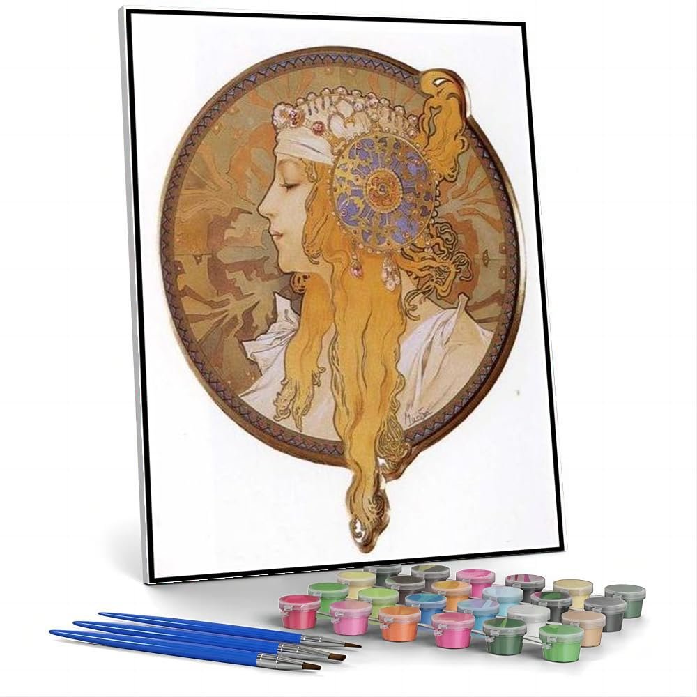 DIY Oil Painting Kit,Byzantine Head The Blonde Painting by Alphonse Mucha Paint by Numbers Kit for Kids and Adults