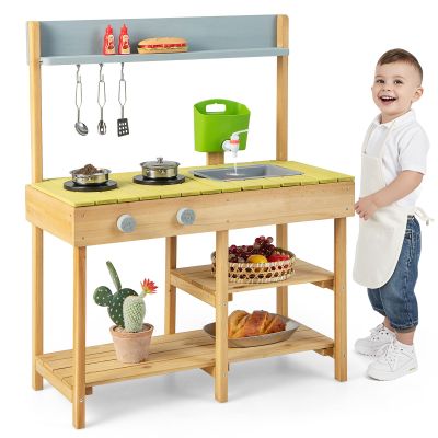 HONEY JOY Mud Kitchen, Fir Wooden Play Kitchen for Toddlers, Mud Table, Running Water, Removable Sink, Outdoor Kids Kitchen Playset, Mud Kitchen for Kids Outdoor, Gift for Boys Girls