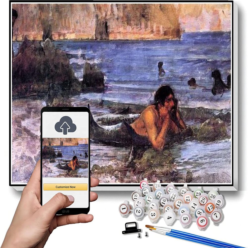 DIY Oil Painting Kit,The Merman Painting by John William Waterhouse Paint by Numbers Kit for Kids and Adults