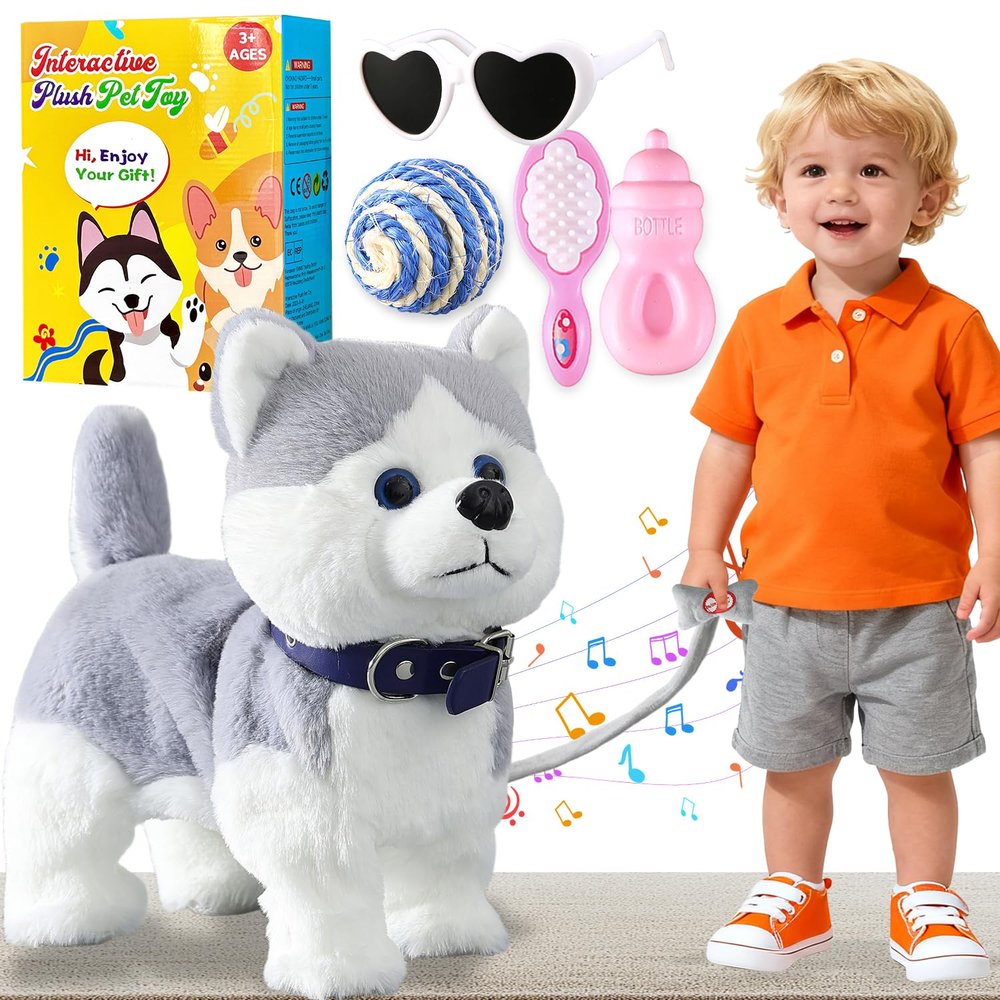 HCdoujoy Husky Walking Dog Barking Toy, Musical Singing Dancing Volume Control Interactive Puppy Walk Along with Leash, Wagging Tail Shaking Head, Robot Plush Stuffed Animal Puppy for Kid