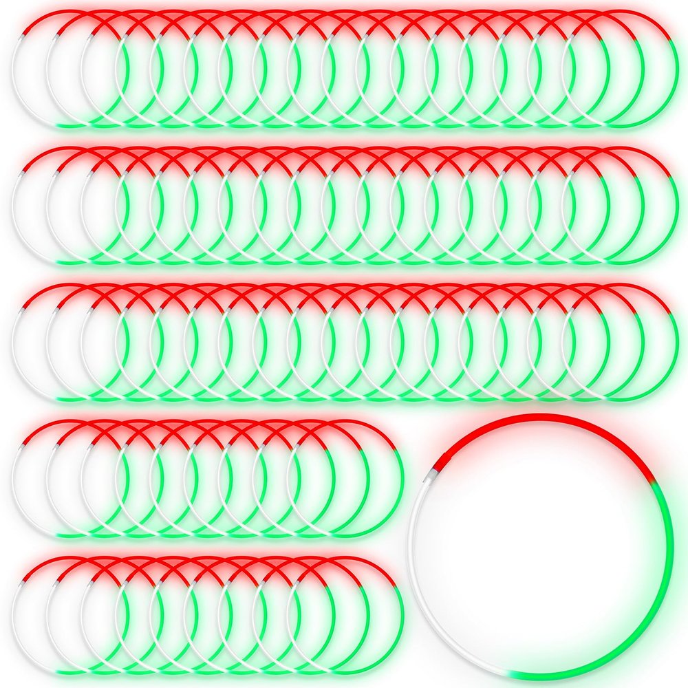 Lewtemi 100 Pcs 22'' Christmas Glow Necklaces Bulk Red White Green Necklaces with 100 Connectors Xmas Accessories Glow in The Dark Party Favors for Kids Adults(Red White Green)