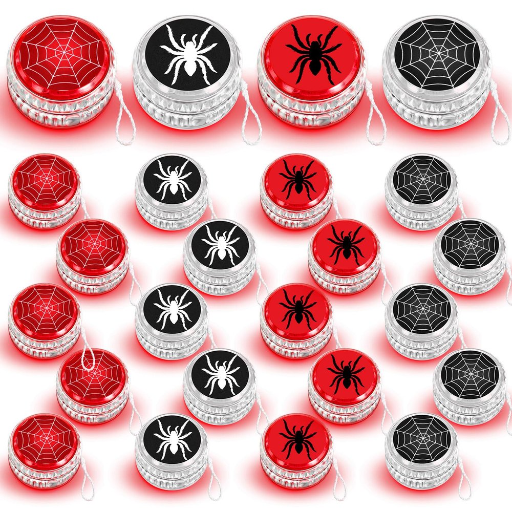 Liliful 24 Pcs Spider Party Favors LED Lighted Yo Yo Bulk for Kids Beginner Plastic Responsive Ball Spider Theme Birthday Party Supplies Goodies Bag Filler (Red,Black)
