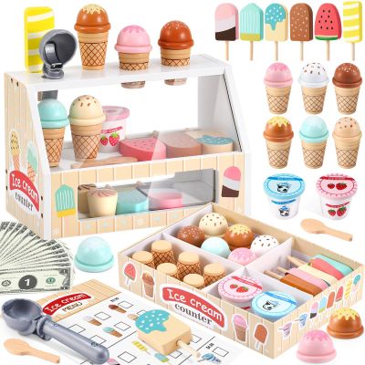 WHOHOLL Wooden Ice Cream Toys Kids Play Store Pretend Toy for Toddlers, Play Kitchen Accessories with Scoop, Menu, Ice Cream Play Set Birthday for 3 4 5 6 Year Old Girls Boys