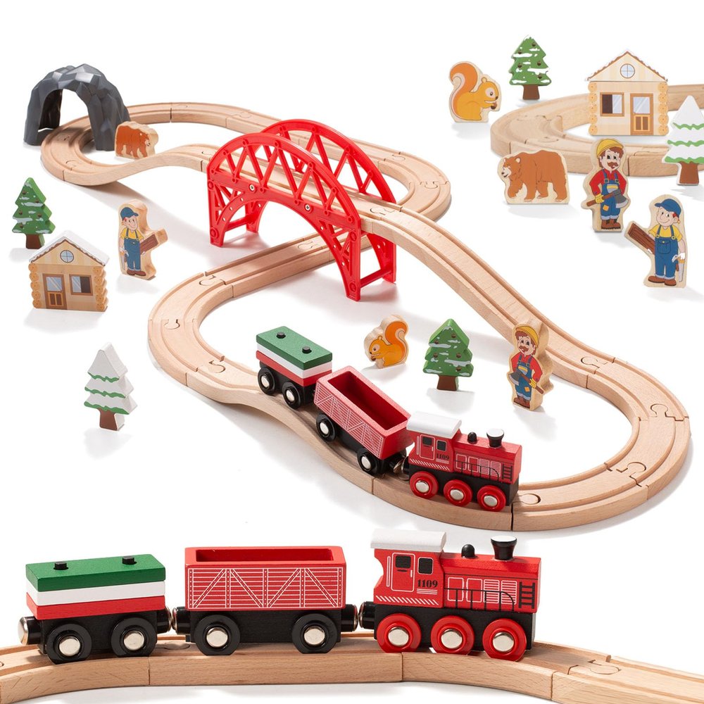 Giant bean 36PCS Forest Wooden Train Set Toy for Toddler Kids, Expandable Changeable Wooden Train Track for Boys & Girls 3-7, Christmas Birthday Gift, fits for Brio,Thomas, Melissa and Doug