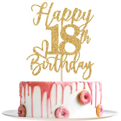 Gold Glitter Happy Birthday Cake Topper, Funny Happy Birthday Party Supplies (happy 18th birthday, Gold Glitter)