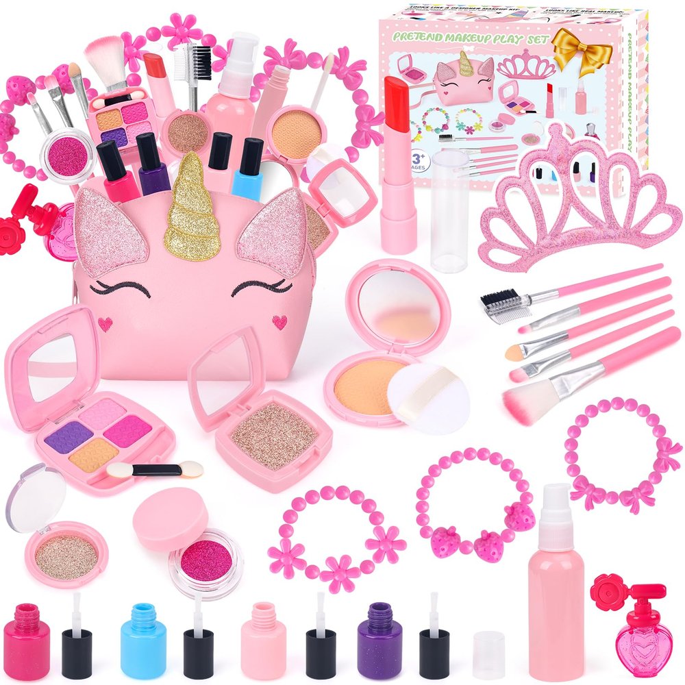 EULRGAUS Pretend Makeup for Toddlers, Kids Makeup Kit for Girl, Play Makeup for Little Girls, Toddler Makeup Kit with Unicorn Bag for Little Girls Age 3 4 5 6 7+ Christmas Birthday Gift (Fake Makeup)