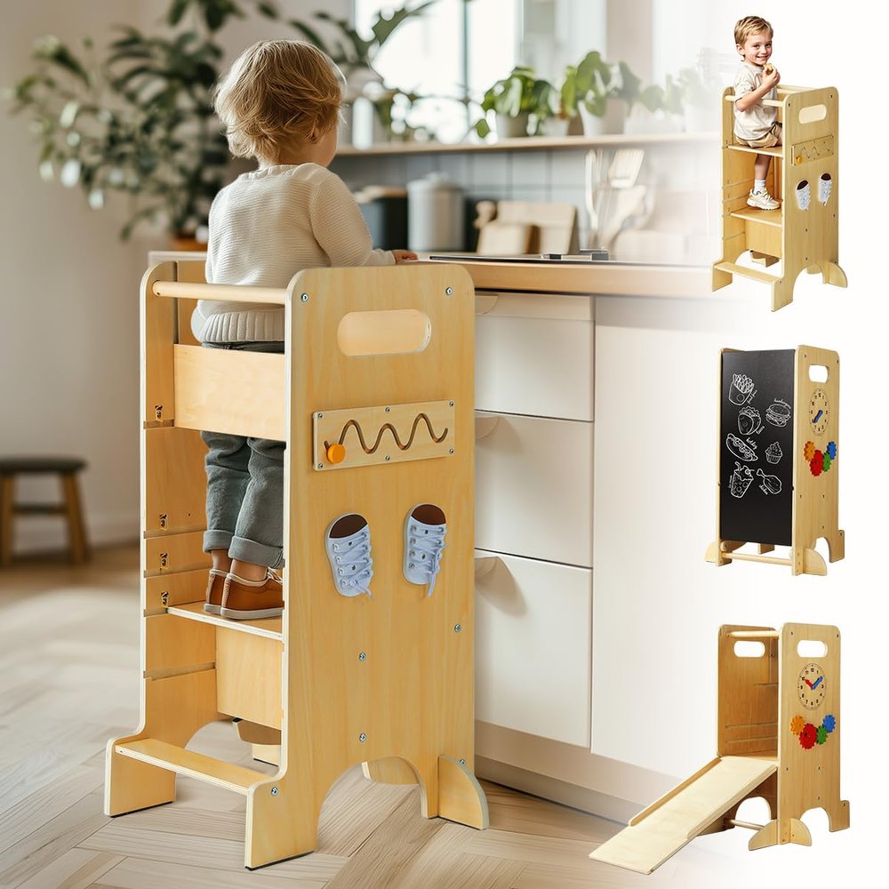 JUZBOT Toddler Tower 4 in 1 Toddler Kitchen Stool Helper Standing Tower for Kitchen Counter with Safety Board, 3 Adjustable Heights, Slide, Chalkboard, Montessori Activities