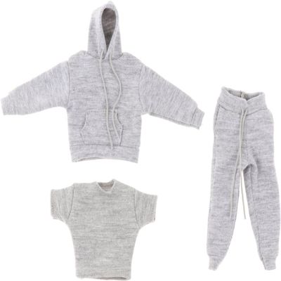 1/12 Scale Figure Doll Clothes, Scale Male Clothes,Men's Hoodie Pants Trousers Clothing Top+Pants+Hoody Outfit Costume for 6inch Male Action Figure Body Doll (Light Grey)
